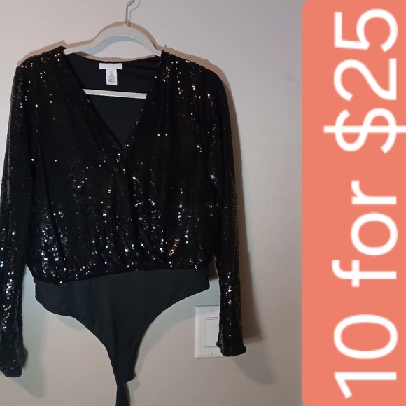 Black Sequin Wrap Bodysuit - Picture 2 of 14